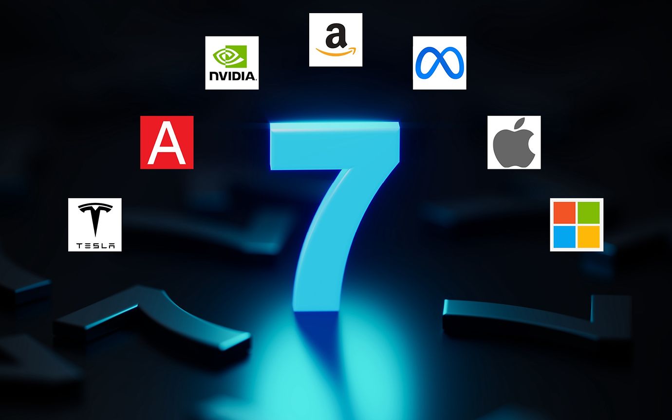 Die Logos der sieben grössten Unternehmen der digitalen Wirtschaft: Alphabet, Amazon, Apple, Meta, Microsoft, Nvidia und Tesla.