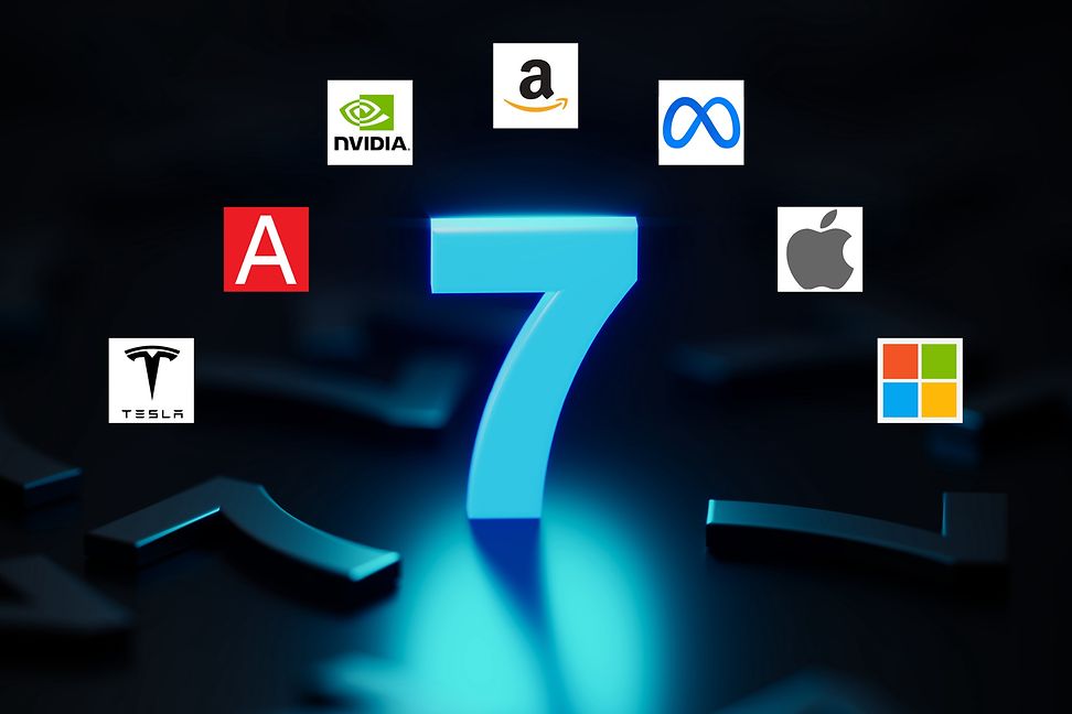 Logos of the Magnificent Seven: Alphabet, Amazon, Apple, Meta, Microsoft, Nvidia and Tesla.