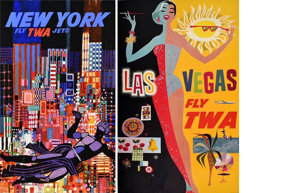 A poster of New York to the left, a poster of Las Vegas on the right