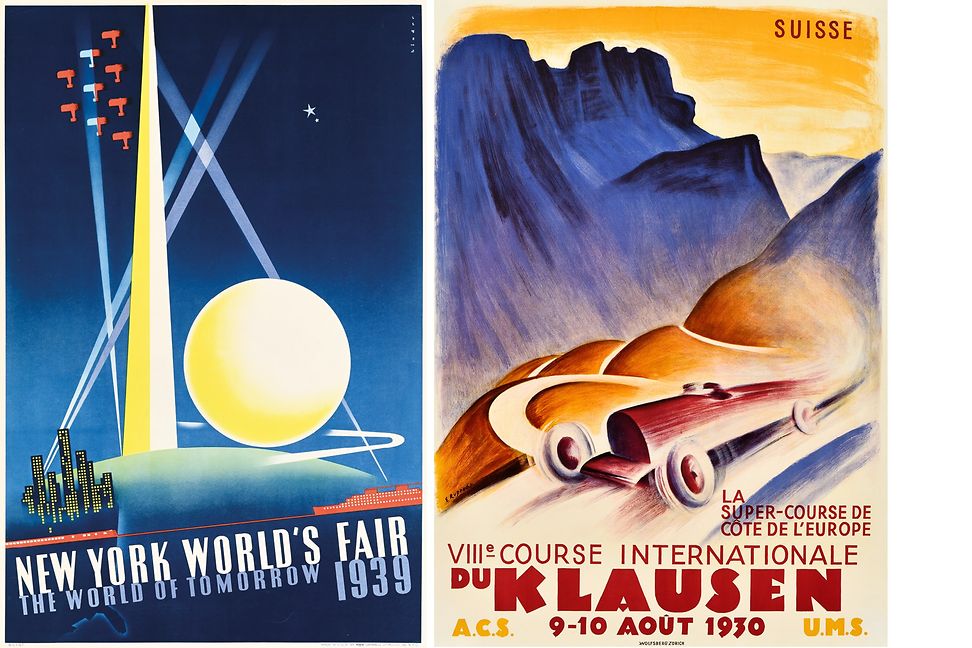A New York poster on the left and a car race poster on the right
