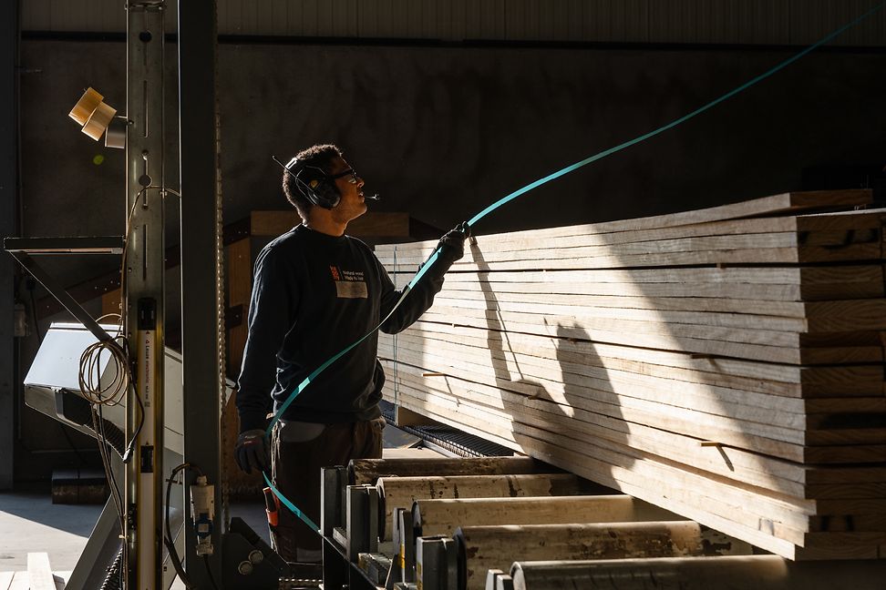 Ein Produktionsmitarbeiter beträufelt mit einer Art Wasserschlauch einen Stapel Holz in einer Produktions-/Lagerhalle. 