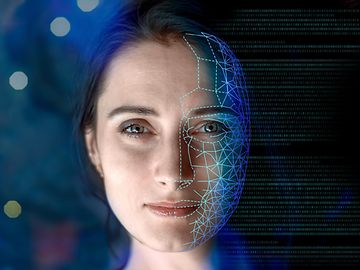 Visualisation of a person with an electronic network superimposed over half of her head