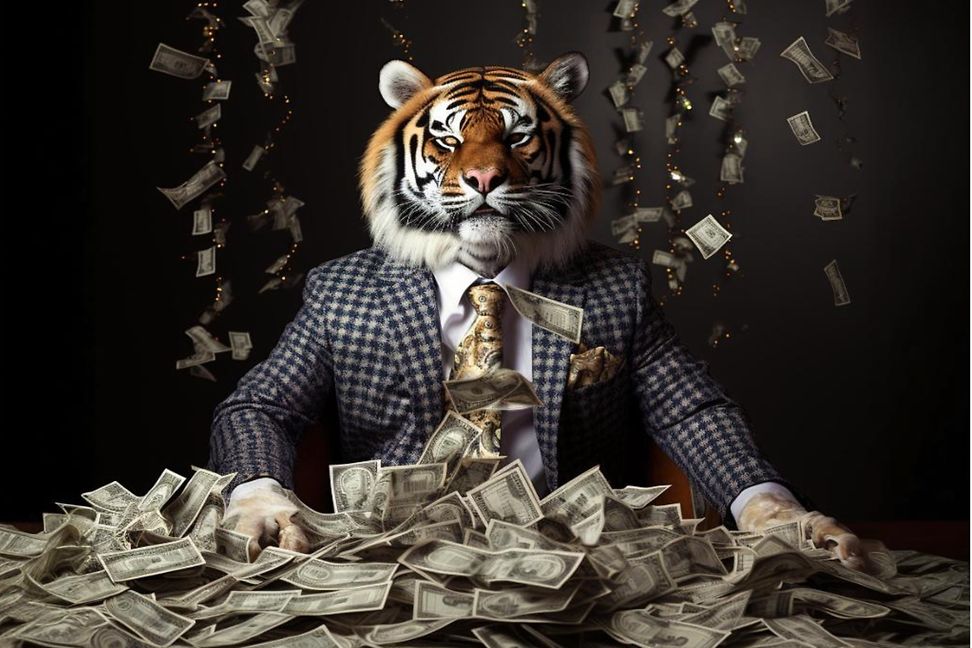 A tiger, dressed in a checked suit wearing a white shirt and a tie sits on a pile of dollar bills while more bills