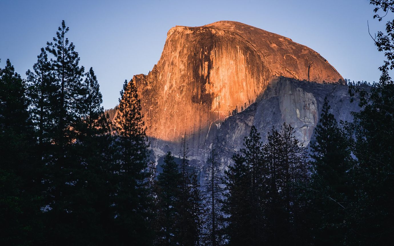 A dome-shaped mountain rises from the forest, with blue sky in the background.