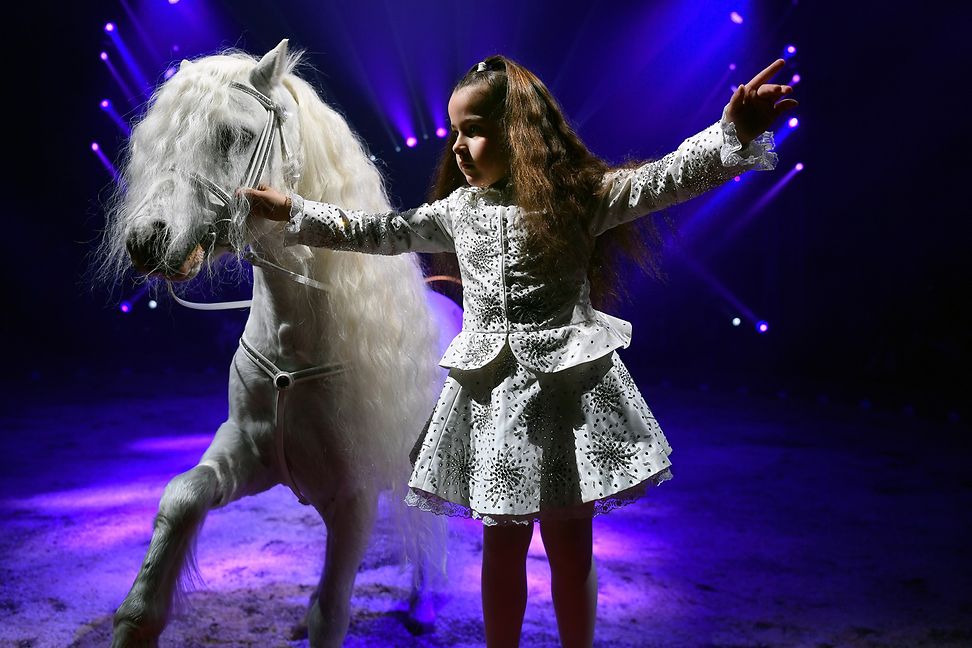 A little girl in a shiny white dress stands in a circus ring holding a white horse by the halter.