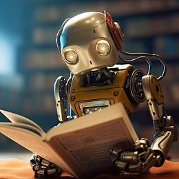 A metal robot sits in a library reading a book.